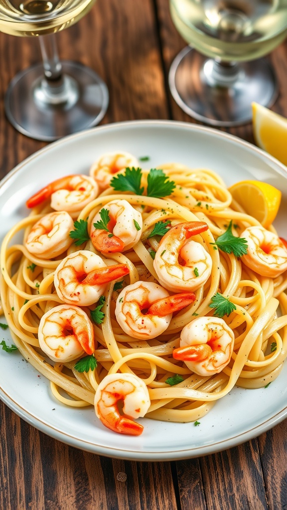 Garlic butter shrimp linguine with parsley and red pepper flakes on a rustic table.